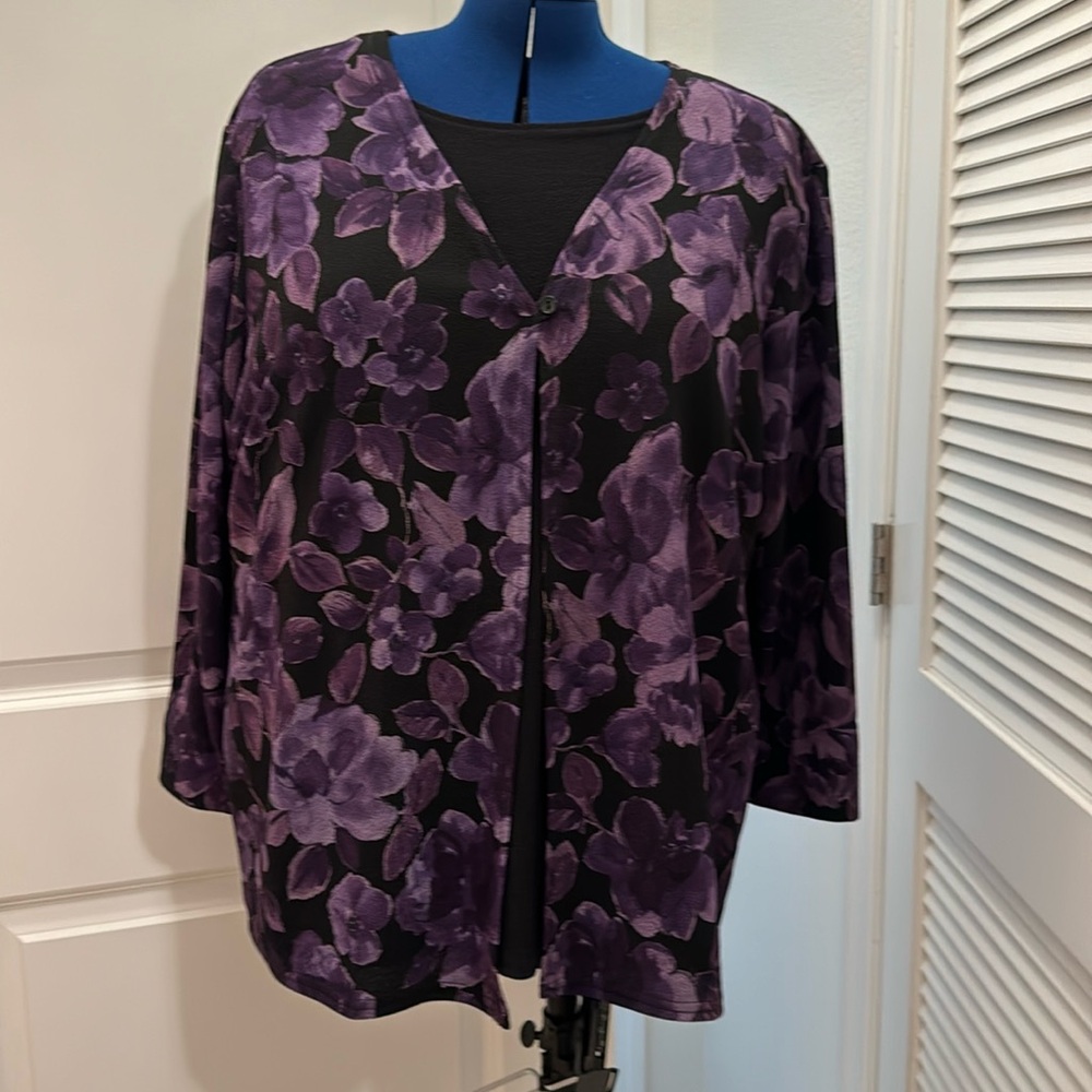 Blouse black & purple floral pattern, long sleeve attached black under shirt 2X